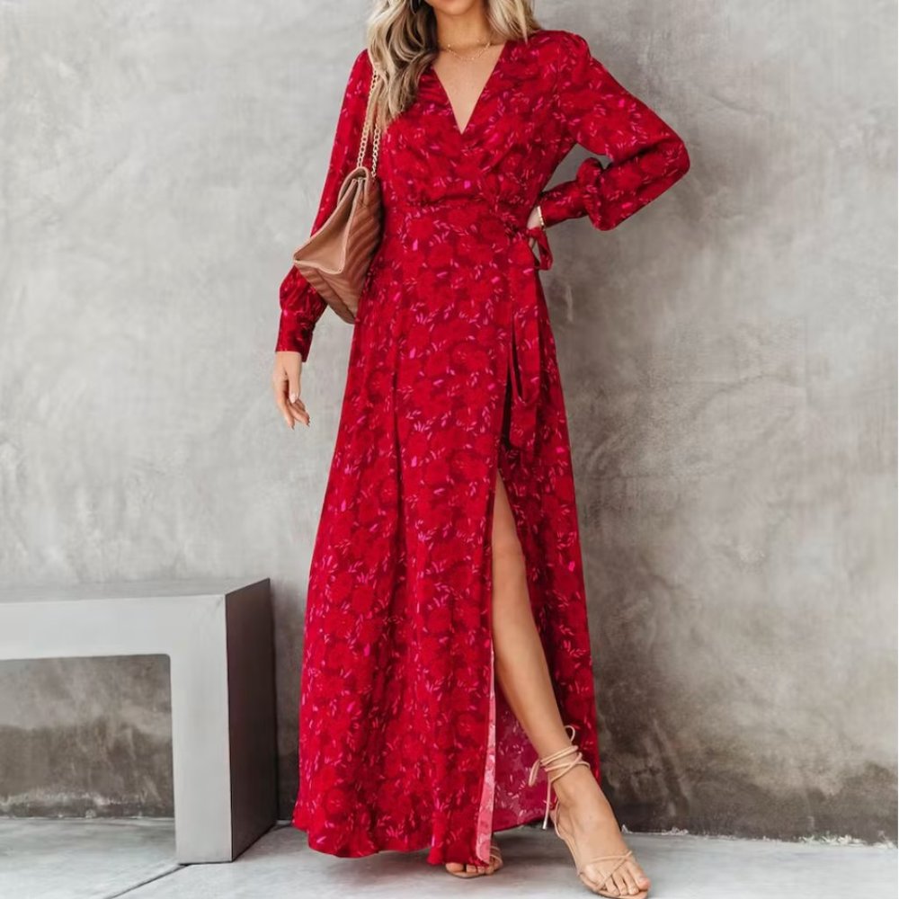 LUCIA SATIN FLORAL WRAP MAXI DRESS - RED - L